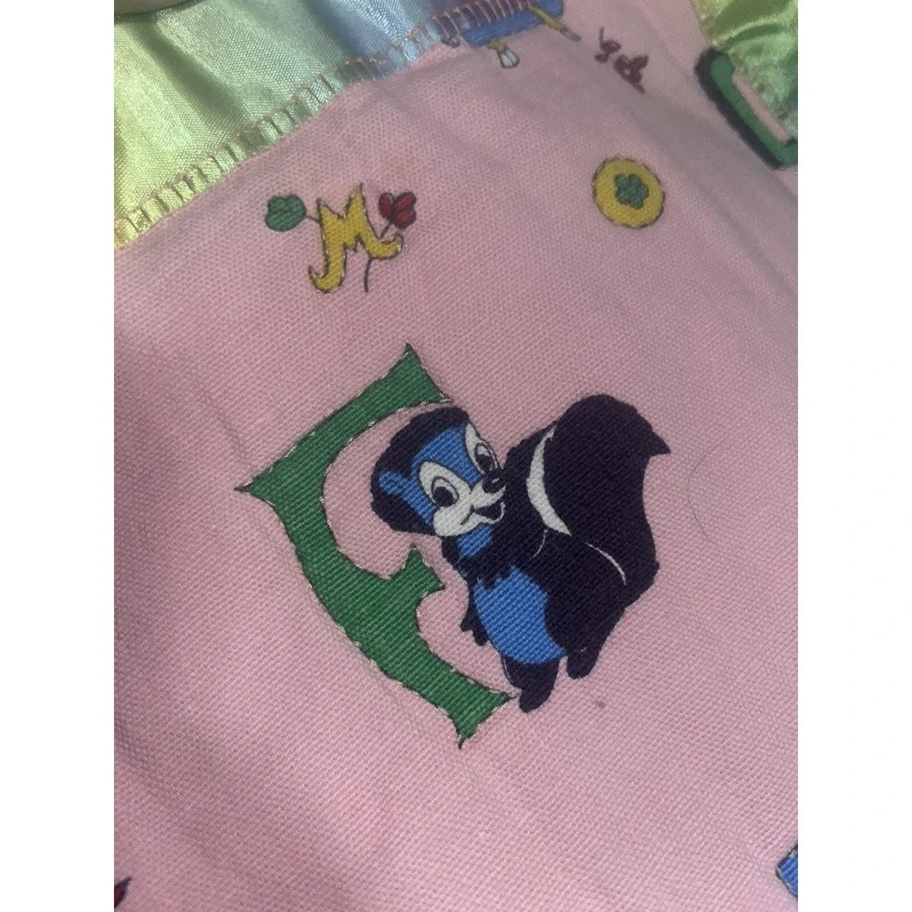 Handmade Baby Quilt , Vtg Disney ABC's Fabric , Pink , Satin Trim , Hand Stitch